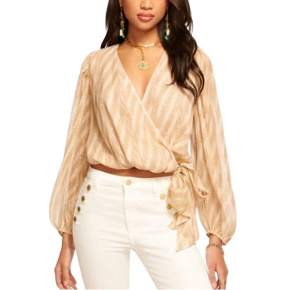 NWT Ramy Brook Lupita Wrap Top Blouse Silk Gold Metallic Elegant Size XL - Picture 2 of 8